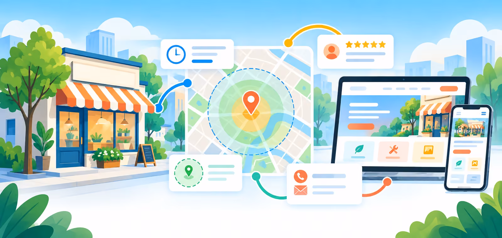網頁設計 Local SEO 結合 Google 商家檔案與服務網站示意