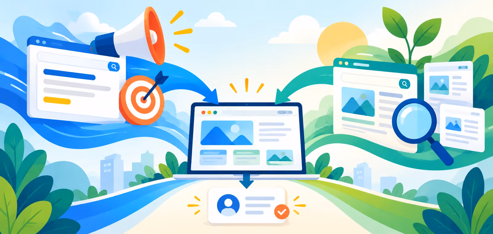 網頁設計 SEO Ads Strategy 廣告與自然搜尋共同導向有效詢問示意